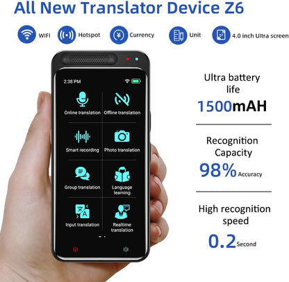 Language Translator Device, Support 138 Languages, Two Way Real-Time Voice Translation, Portable Online Offline Translation for Business Learning Travel, 4.1” HD Inch Touch Screen (Black)