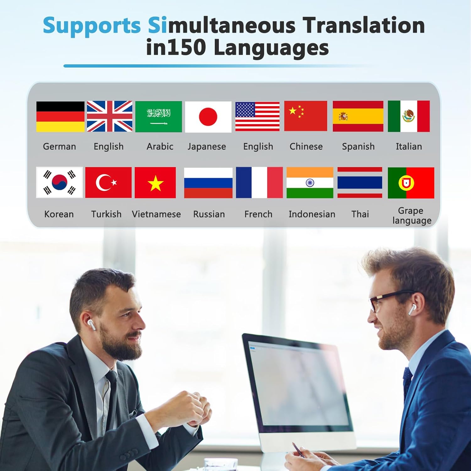 Language Translator Earbuds Two Way Real-time Translation in 150 Languages, HD Clear Calls, ENC +ANC Noise Reduction，with Bluetooth and APP Provide Online Instant Voice for Travel Business Learning